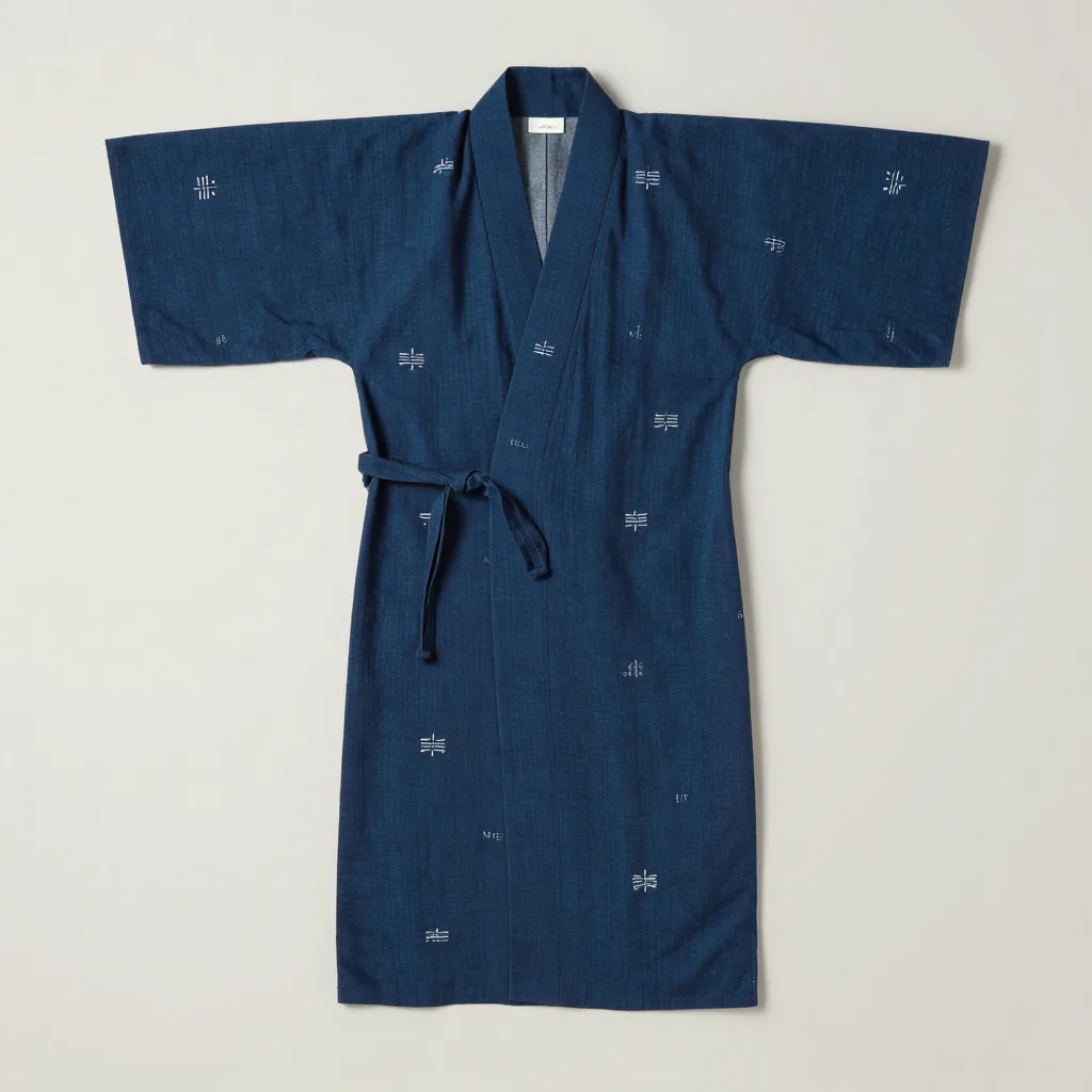 An indigo block-printed cotton kimono robe