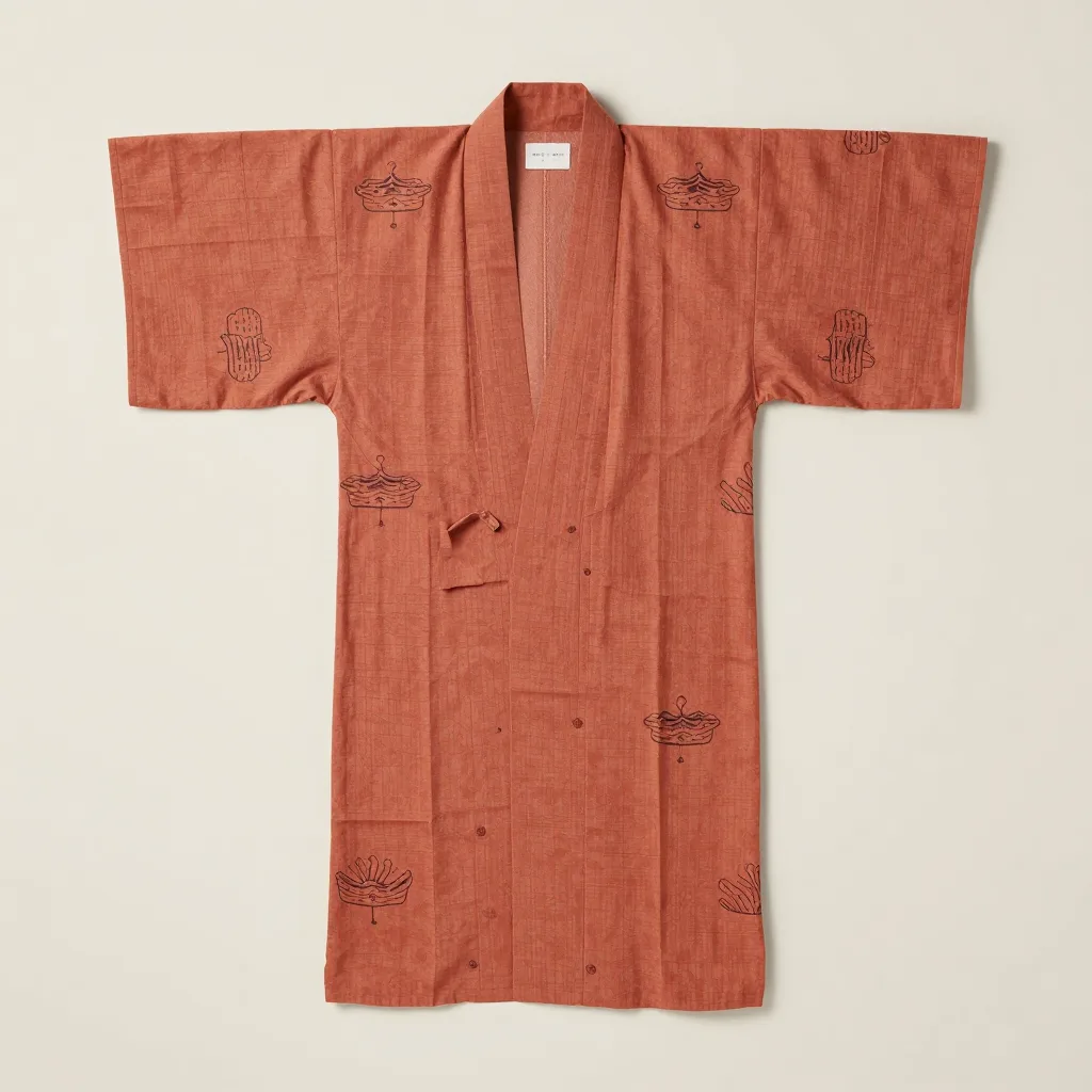 A terracotta block-printed cotton kimono robe