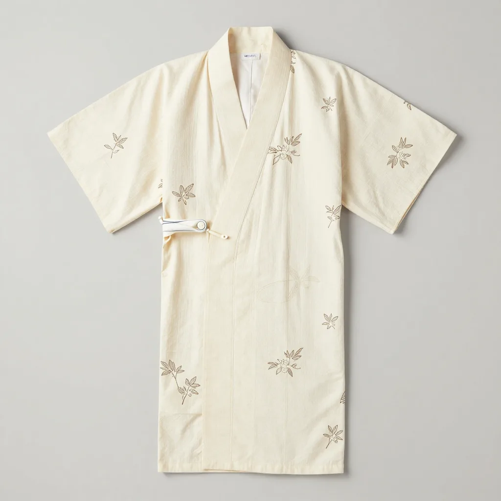 An ivory block-printed cotton kimono robe