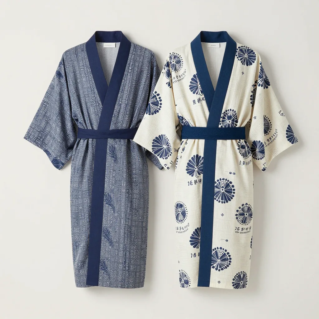 Two matching block-printed kimono robes